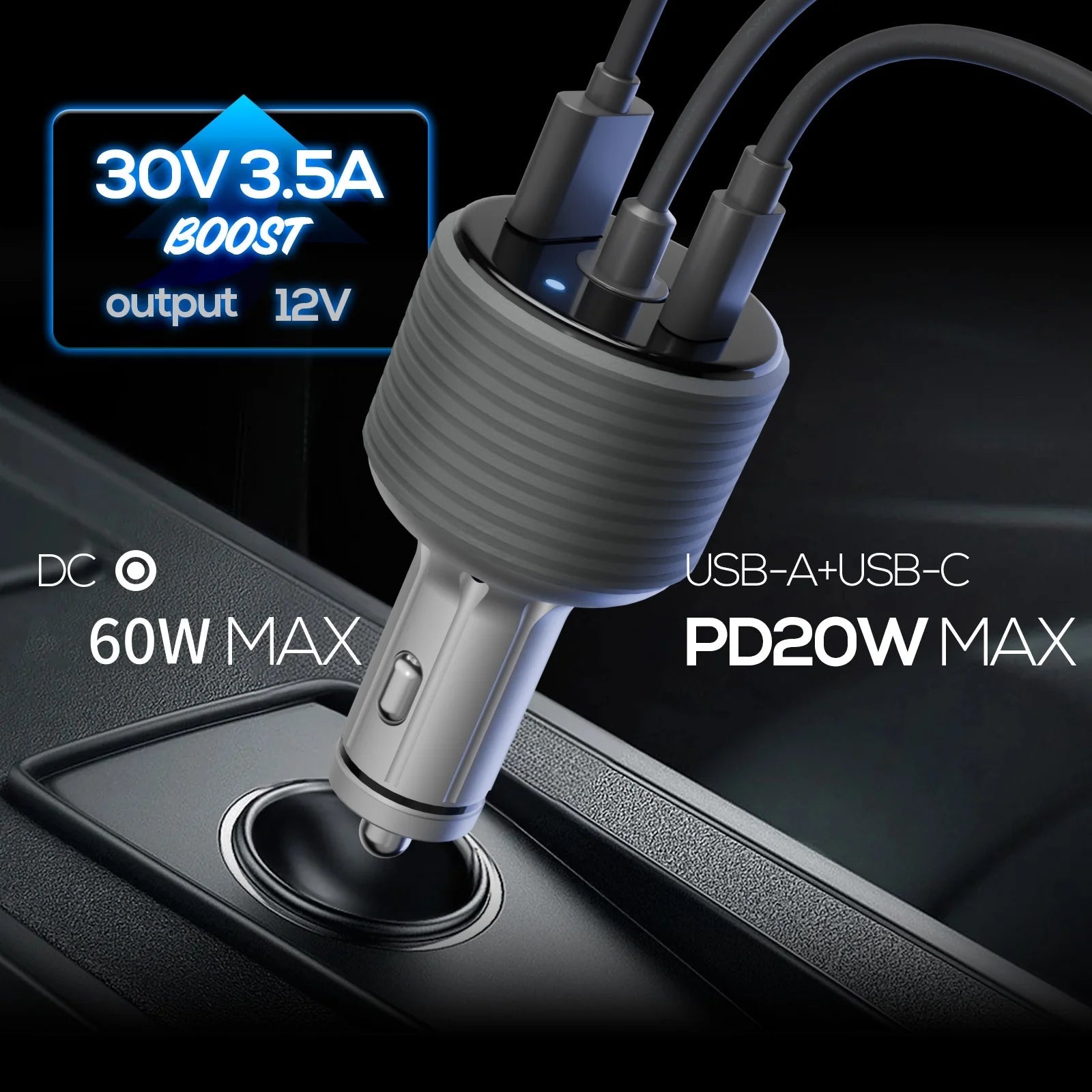 Starlink 3-in-1 car adapter with USB, cigarette lighter plug, and boost converter for fast charging in vehicles.