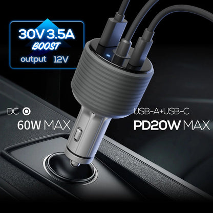 Starlink 3-in-1 car adapter with USB, cigarette lighter plug, and boost converter for fast charging in vehicles.