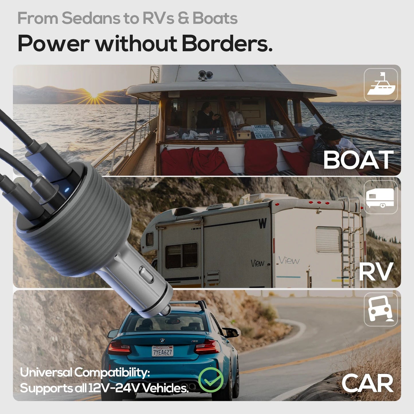 Starlink 3-in-1 car adapter with USB, cigarette lighter plug, and built-in boost converter for fast charging from 12V/24V to 30V
