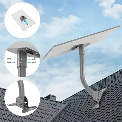 Starlink Gen 3 roof mount kit with adjustable angle, pipe adapter, and standard mounting components, installed on a gray roof.