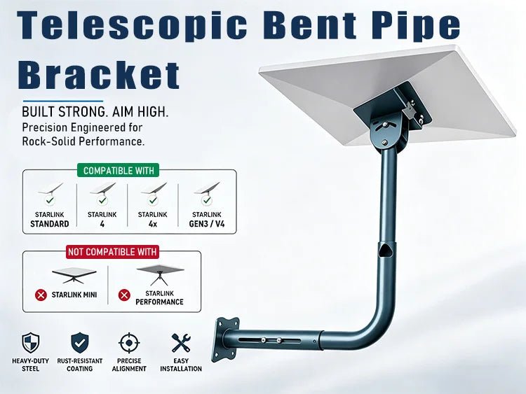 Starlink telescopic bent pipe bracket for Gen3 V4 4x, adjustable heavy-duty roof and wall mount, gray metal construction.