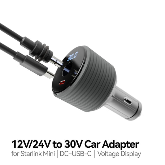 Starlink 2-in-1 mini car adapter with cigarette lighter plug, USB-C fast charge port, built-in boost converter, and voltage display.