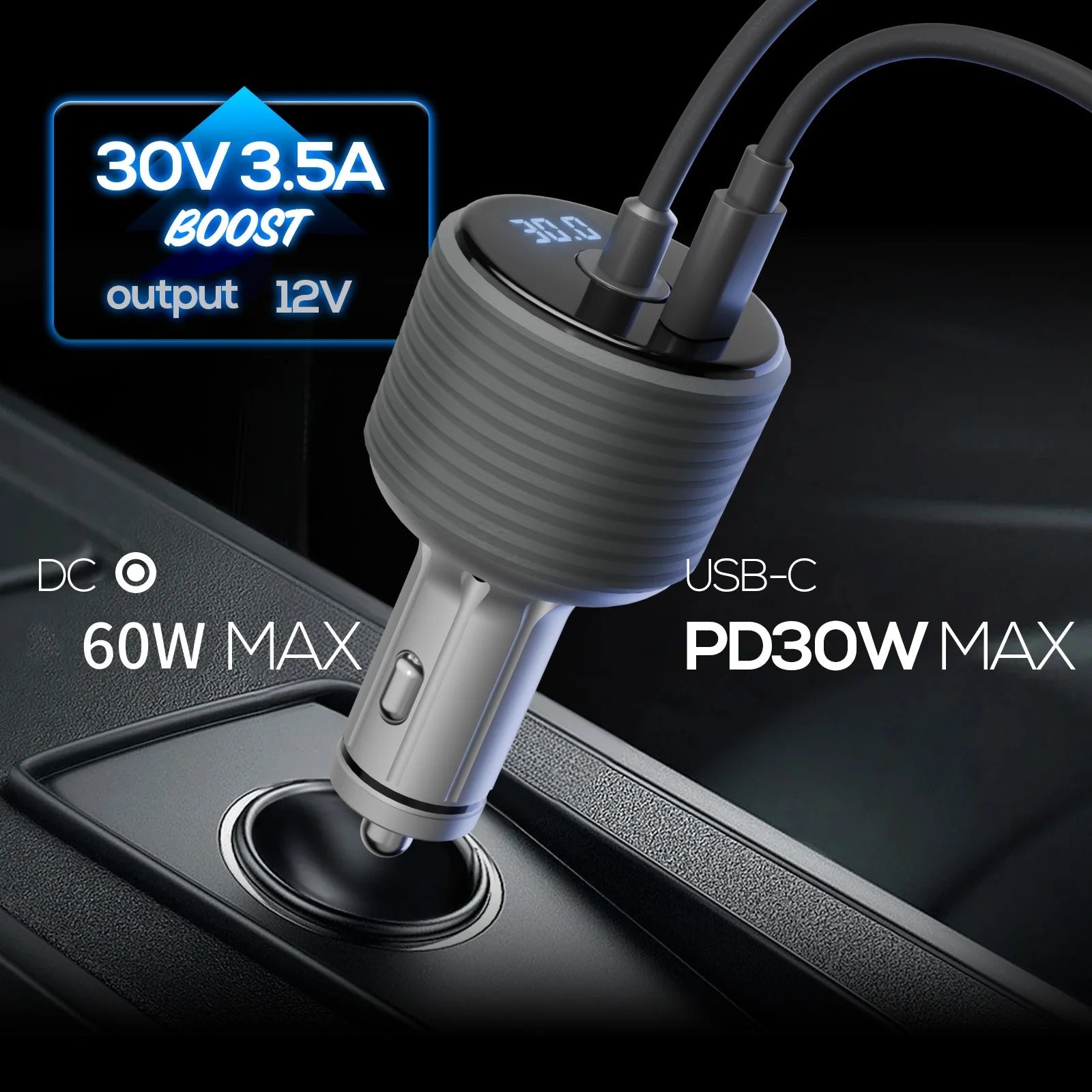 Starlink 2-in-1 car adapter with USB-C fast charge, cigarette lighter plug, built-in boost converter, and voltage display in gray.