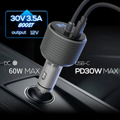 Starlink 2-in-1 car adapter with USB-C fast charge, cigarette lighter plug, built-in boost converter, and voltage display in gray.