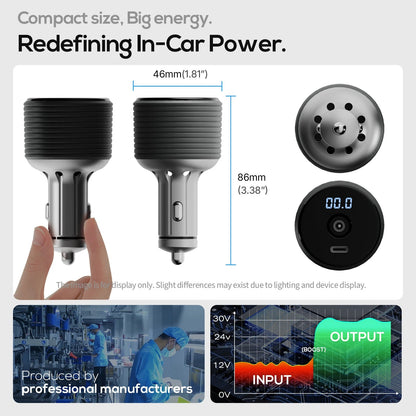 Starlink 2-in-1 mini car adapter with cigarette lighter plug, USB-C fast charge, boost converter, and voltage display in gray.