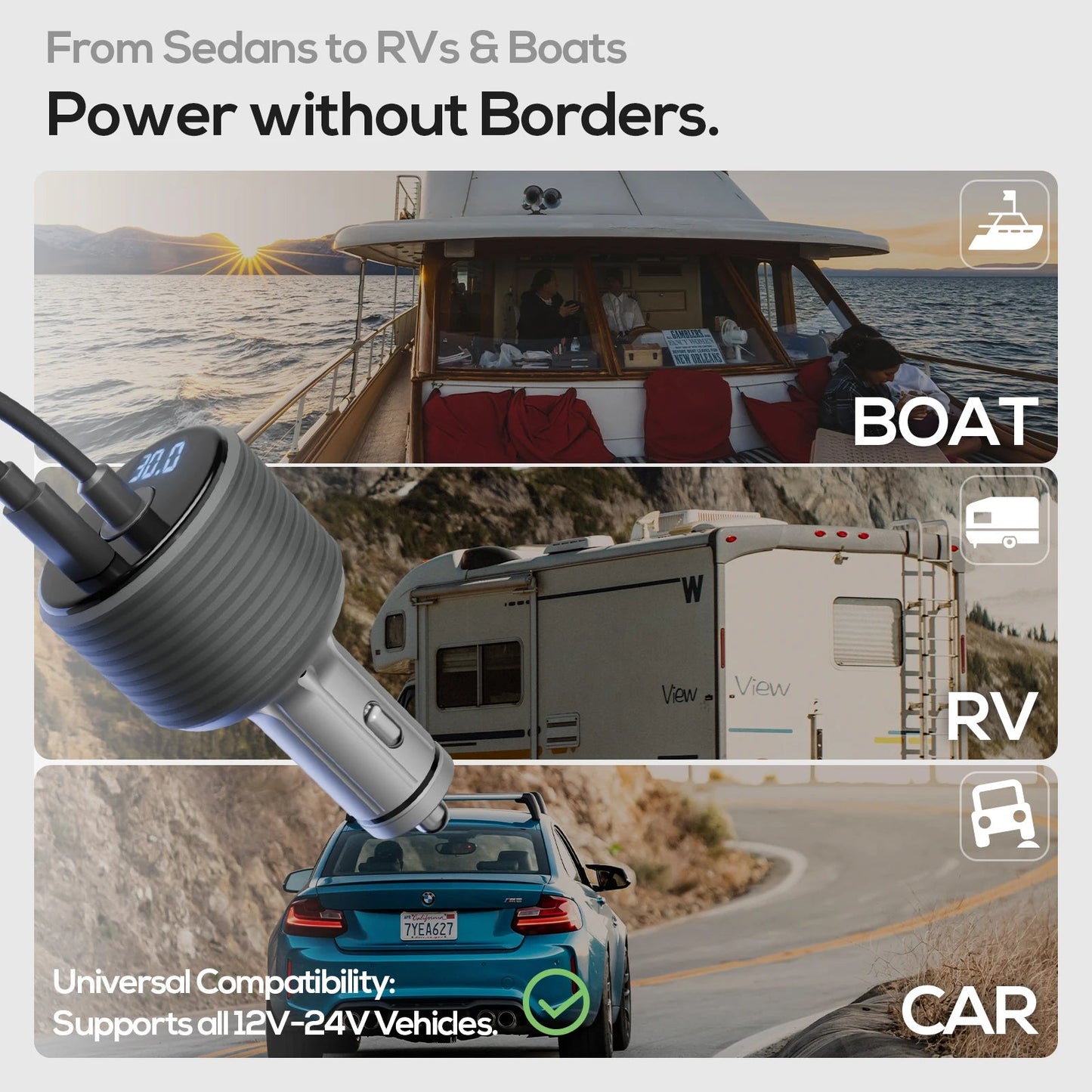 Starlink mini car adapter with cigarette lighter plug, USB-C fast charge, built-in boost converter, and voltage display in gray.