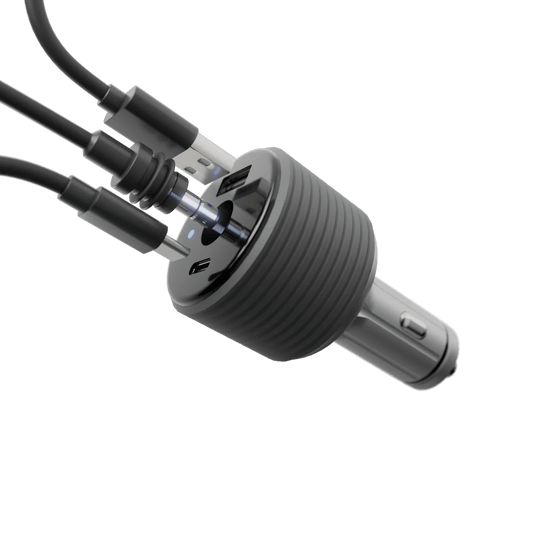 Silver 3-in-1 105W Boost Car Charger for Starlink Mini with DC, USB-A, and USB-C ports, cigarette lighter power adapter.