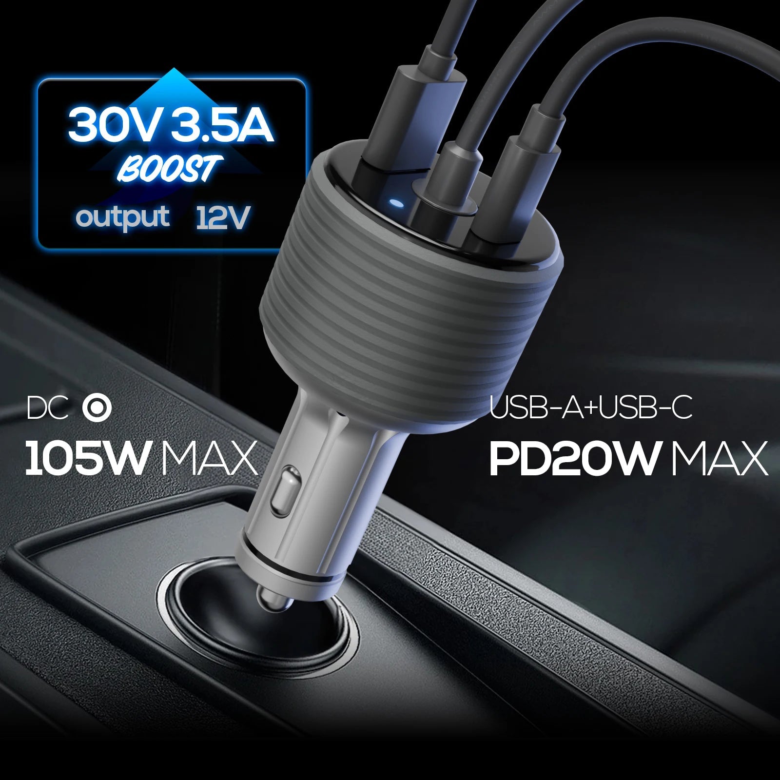 Silver 3-in-1 105W Starlink Boost Car Charger with DC, USB-A, and USB-C ports for Starlink Mini devices.