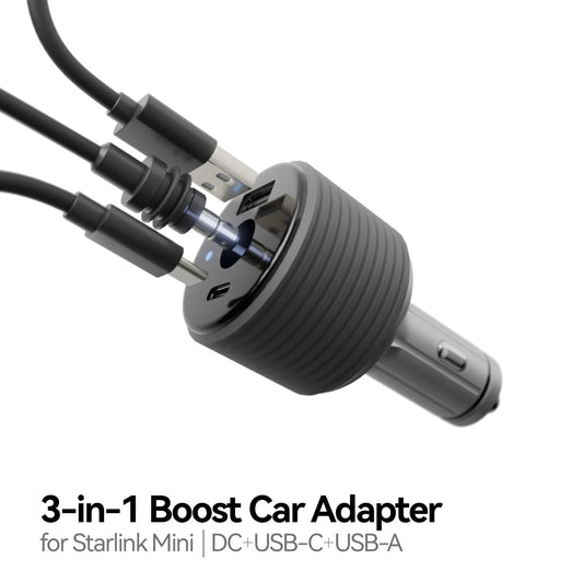 Starlink 3-in-1 car charger for Mini 105W, with DC, USB-C, and USB-A ports, in silver for RV, truck, yacht, or outdoor camping.