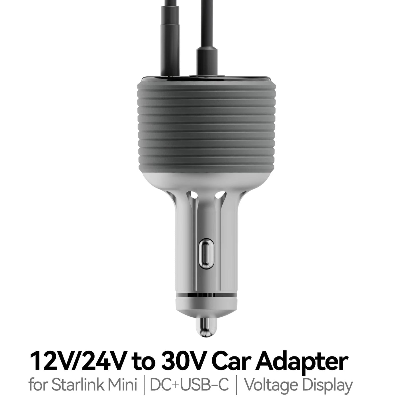 Starlink 2-in-1 105W Boost Car Step-up Adapter with digital display, DC and USB-A ports, for Starlink Mini and vehicle chargers.