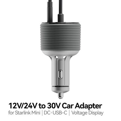 Starlink 2-in-1 105W Boost Car Step-up Adapter with digital display, DC and USB-A ports, for Starlink Mini and vehicle chargers.