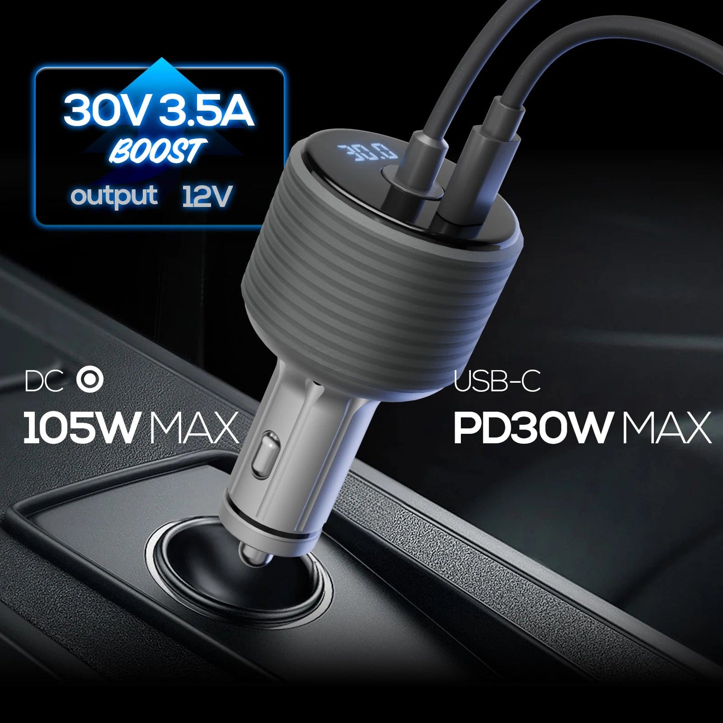 Starlink 2-in-1 105W boost car adapter with digital display, DC and USB-A ports, for Starlink Mini satellite internet device.