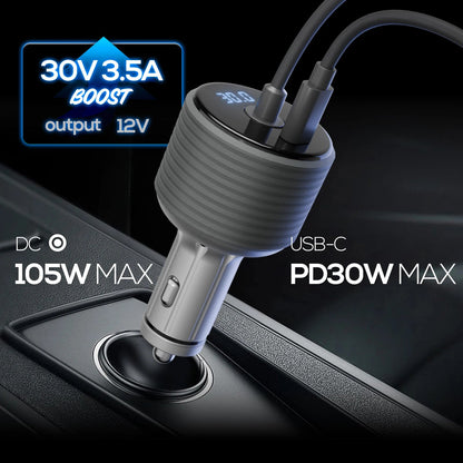 Starlink 2-in-1 105W boost car adapter with digital display, DC and USB-A ports, for Starlink Mini satellite internet device.