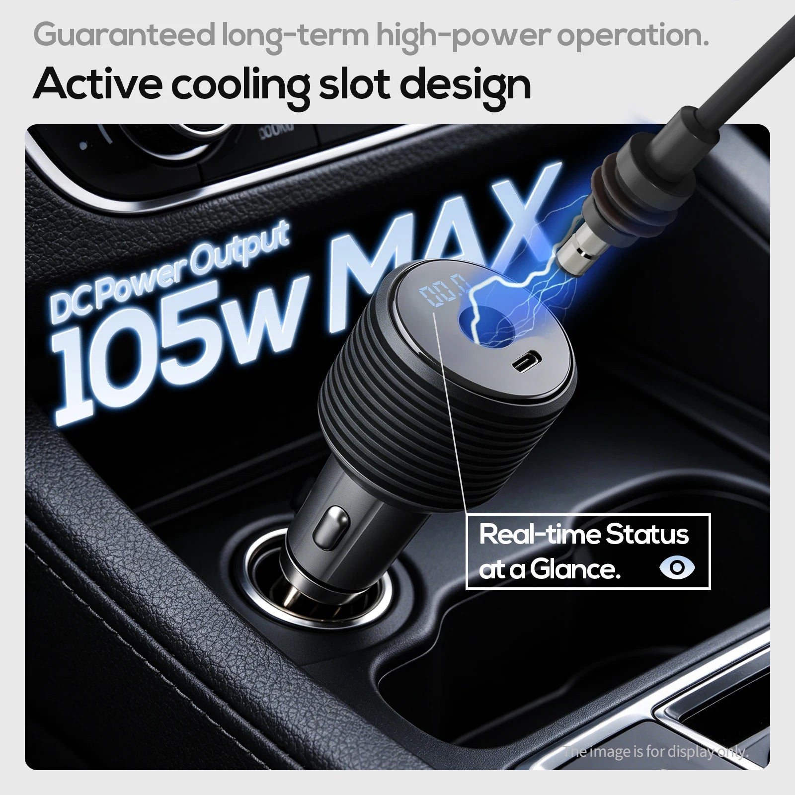 Starlink 2-in-1 105W boost car adapter with digital display, DC and USB-A ports for Starlink Mini and car charging.