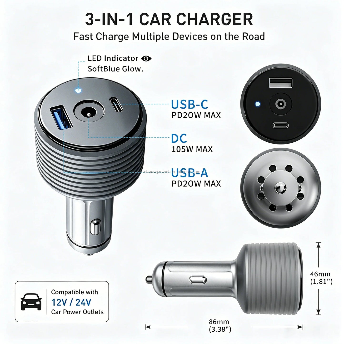 Starlink Mini Car Adapter by Guangzhou Chuangze, silver-gray aluminum alloy DC step-up converter for 12V-30V cars, high-speed charging.