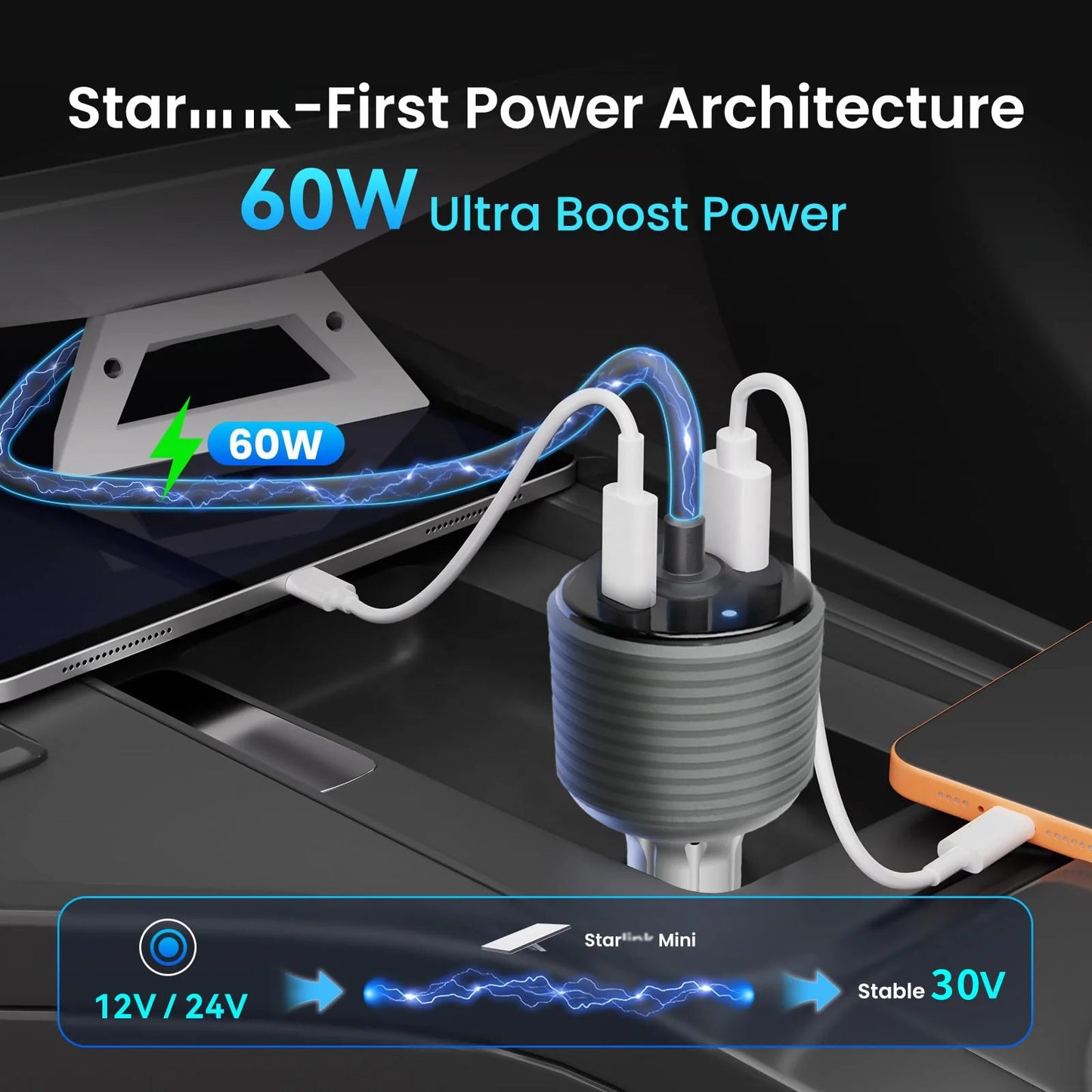 Starlink Mini Car Adapter by Guangzhou Chuangze Digital, silver-gray aluminum alloy DC step-up converter for car cigarette lighter.