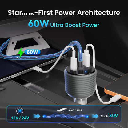 Starlink Mini Car Adapter by Guangzhou Chuangze Digital, silver-gray aluminum alloy DC step-up converter for car cigarette lighter.