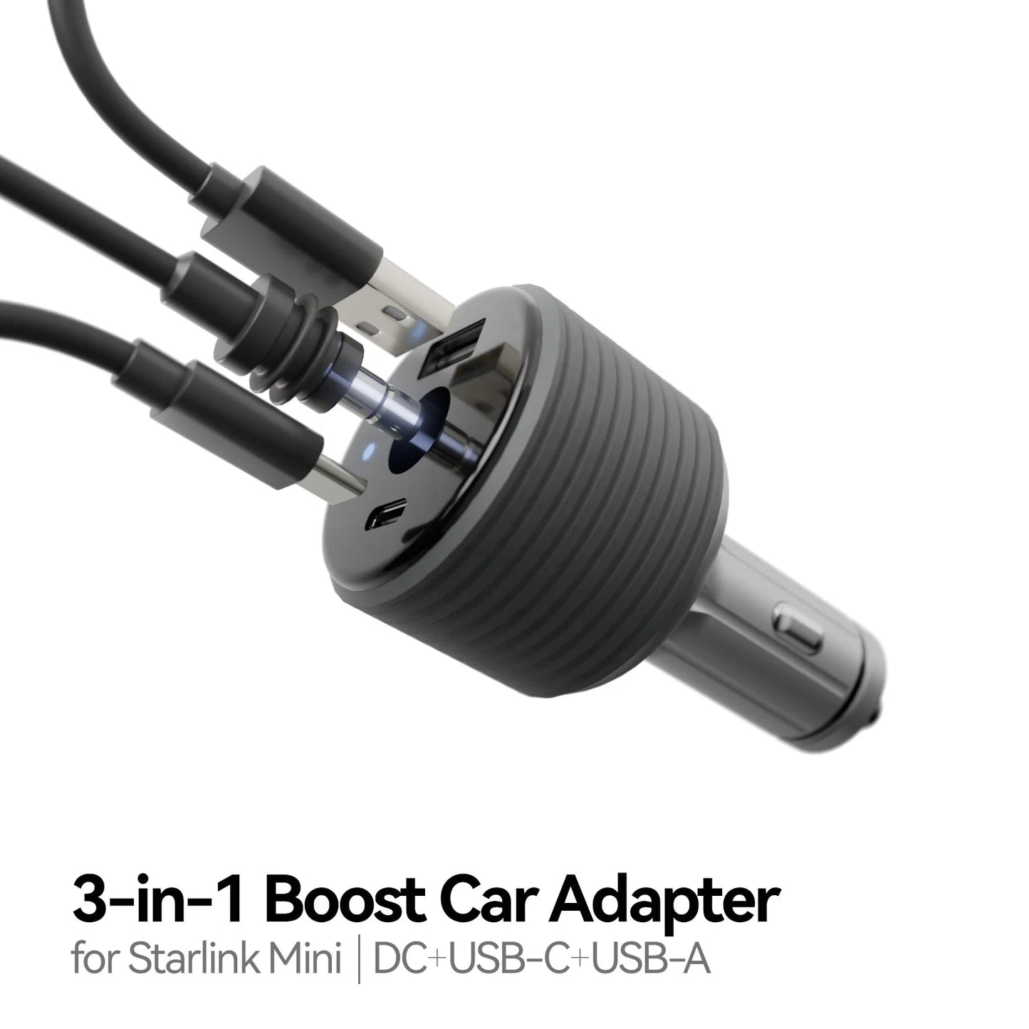 Starlink Mini Car Adapter by Guangzhou Chuangze Digital, silver-gray aluminum alloy, 12V-30V DC step-up converter for car cigarette lighter.