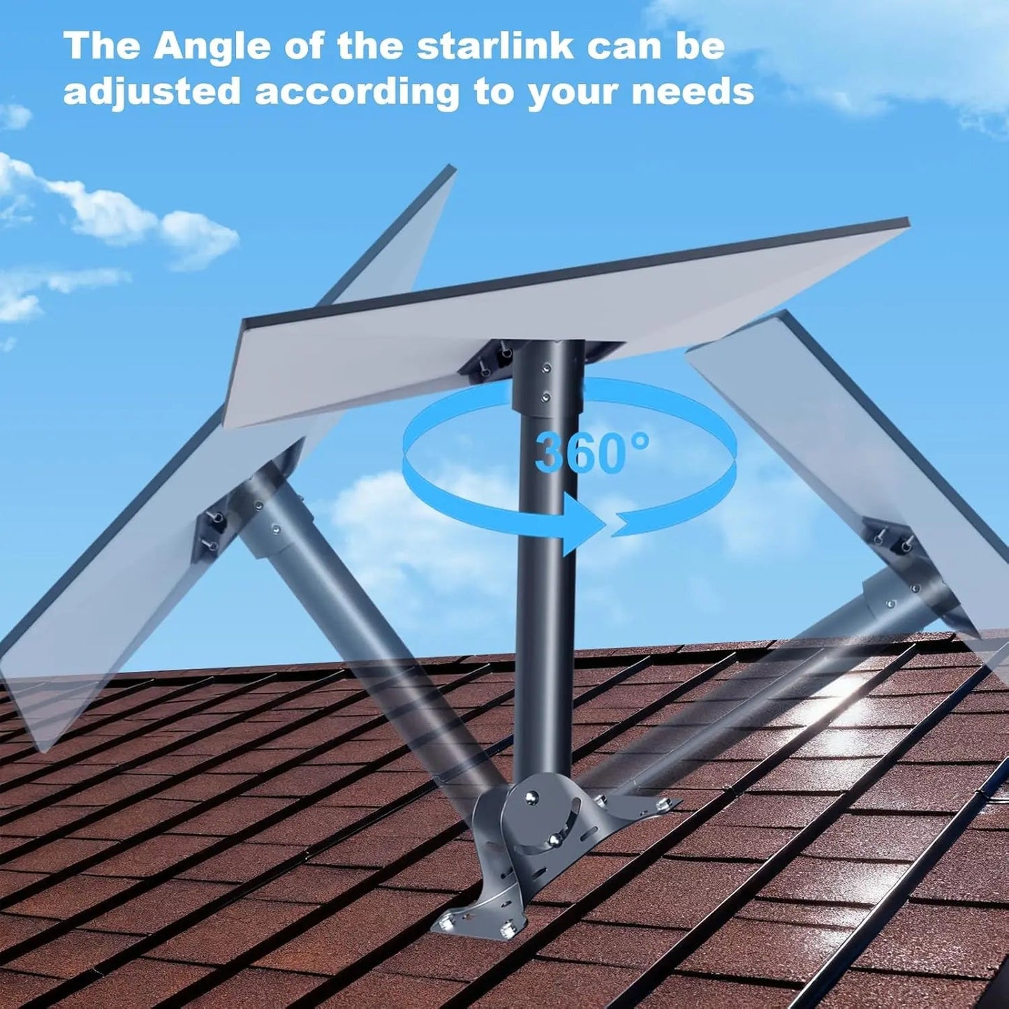 Starlink Gen 3 roof mount metal alloy kit with pipe adapter and adjustable angle, designed for secure satellite dish installation