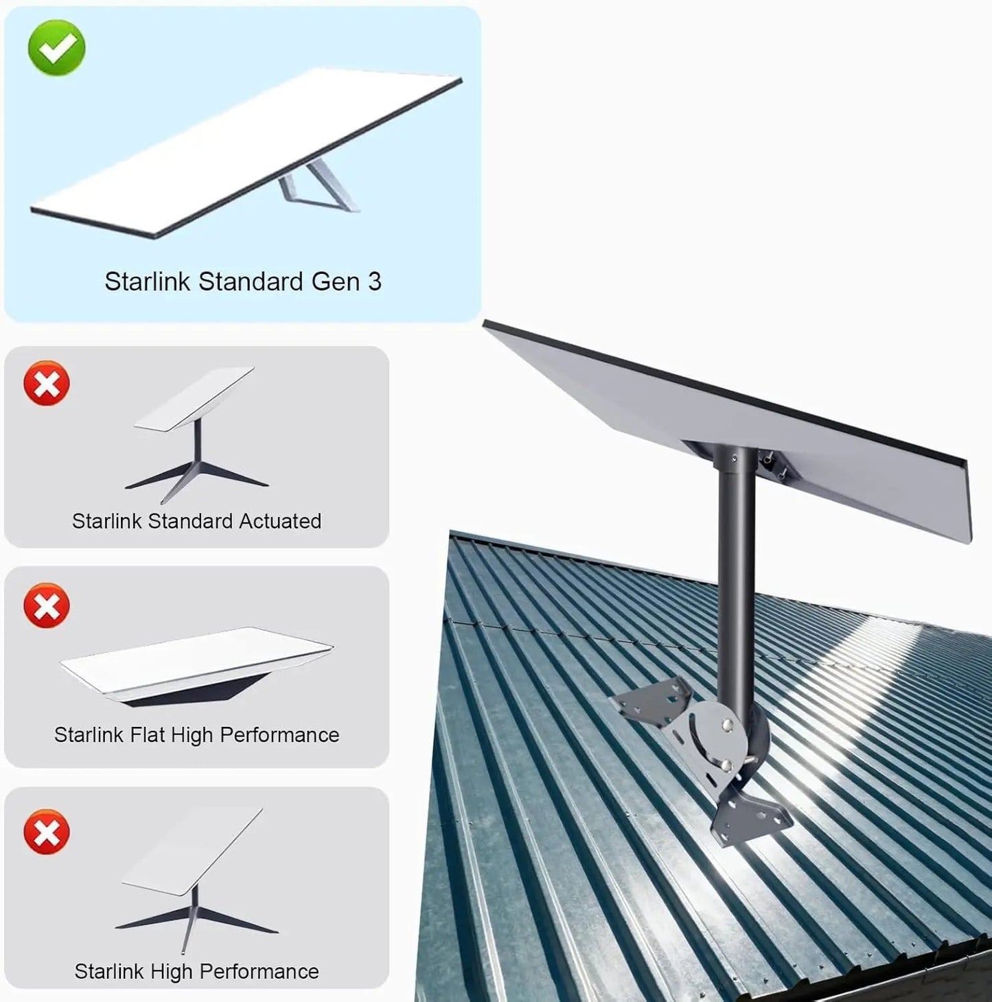 Starlink Gen 3 roof mount kit with metal alloy base and adjustable pipe adapter, designed for secure satellite dish installation.