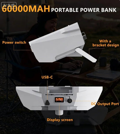 Starlink Mini 60000mAh portable power bank with IP68 waterproof design, fast charging, and 140W DC output in white color.