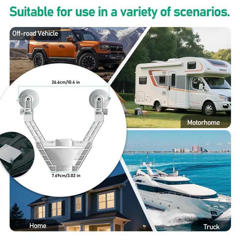 Starlink Mini Dish antenna mounted on car window with suction bracket, durable ABS material, portable design for RV and vehicle use.