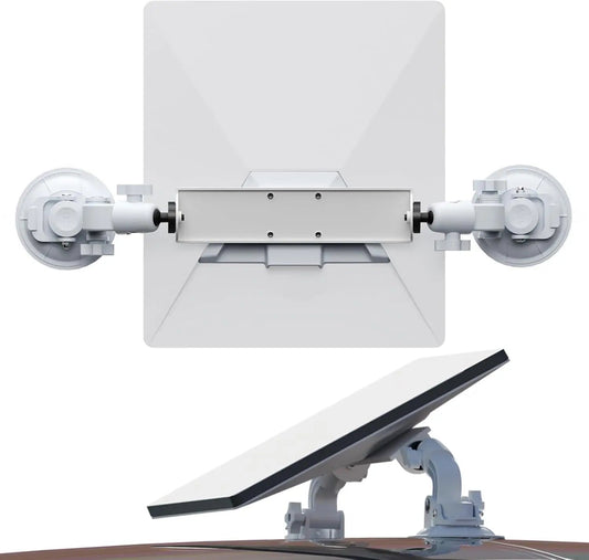 Starlink V2 suction cup mount with 360° adjustable bracket for car, RV, van, or outdoor use, mounted on a window or roof.