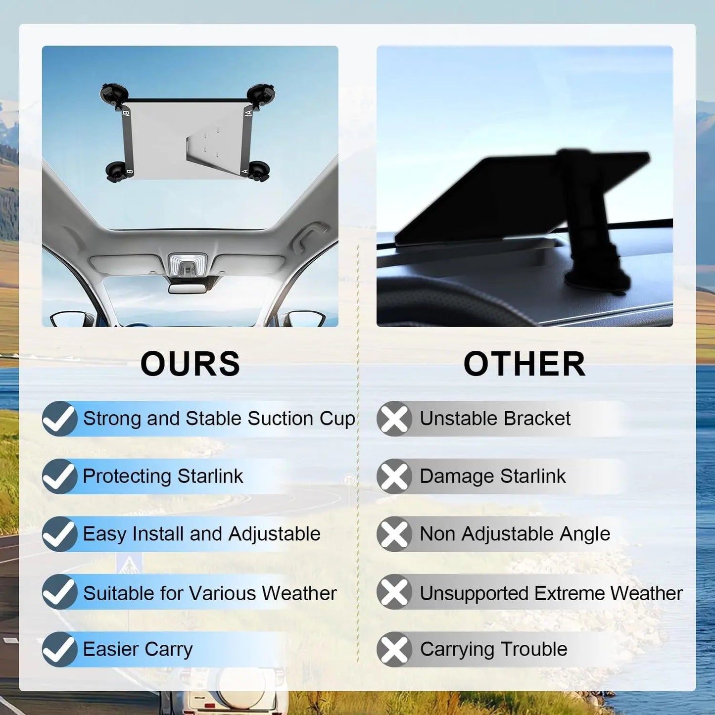 Starlink Mini Car Suction Cup Mount with strong suction for RVs, boats, sunroofs, and windows, enhancing satellite signal stability.
