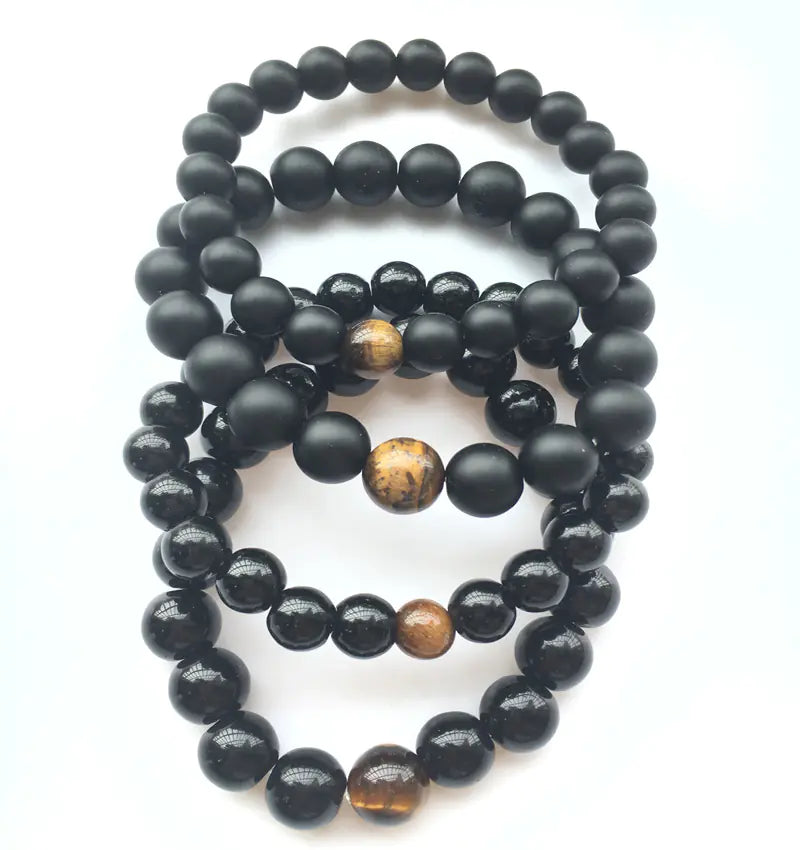 Natural Black Agate and Tiger Eye Beaded Bracelet