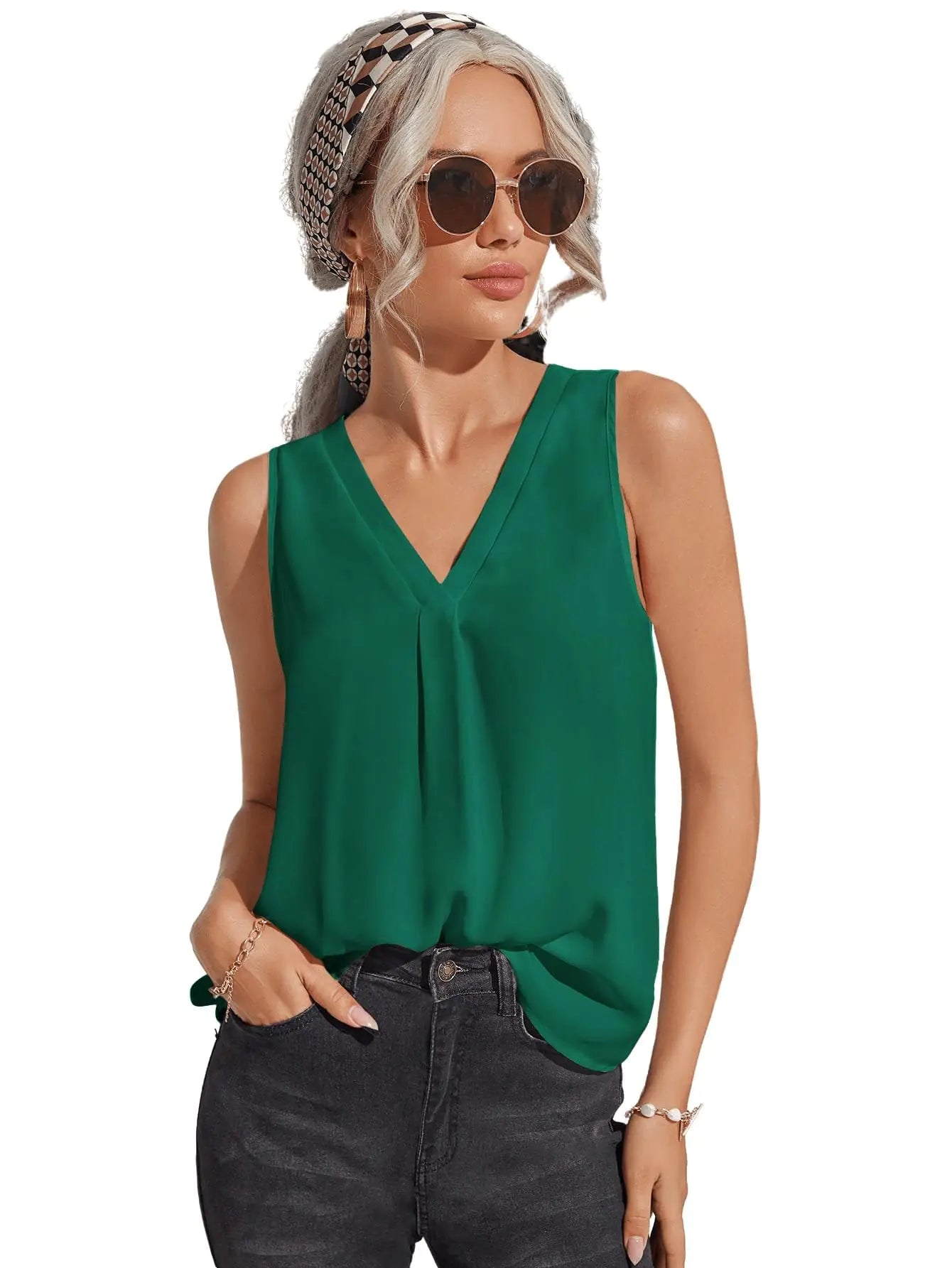 Milumia Women Sleeveless V Neck Work Office Blouse Pleated Tank Top Shirt Turquoise Medium