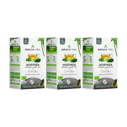 Organic Moringa Tea Earl Grey herbal tea in a tea bag, featuring a blend of moringa leaves and Earl Grey flavor by Miracle Tree.
