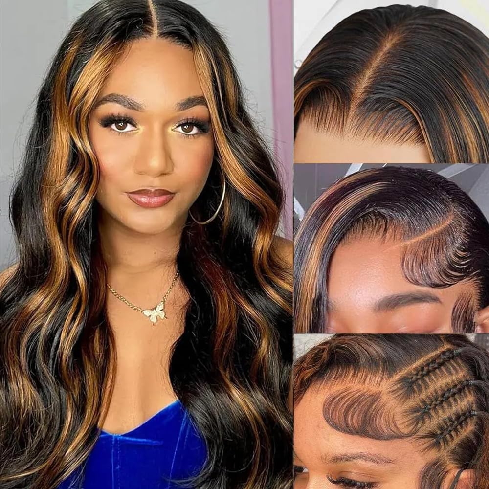 HANGFIRST 1B/30 Highlight Ombre Lace Front Wigs Human Hair 13x6 HD Glueless Body wave Lace Frontal Wigs 180% Density Brazilian Virgin Human Hair Wigs for Women Pre Plucked with Baby Hair(22 Inch) - BACKUPMYFILESNOW
