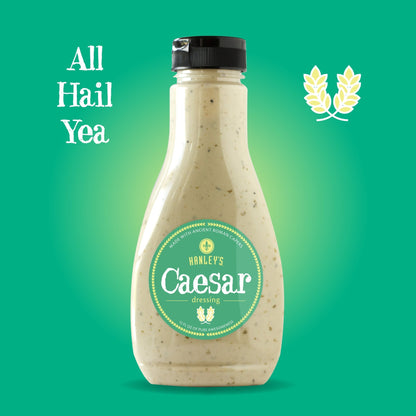 Hanley's Foods Caesar dressing bottle, creamy dressing for salads, with a label showing the Hanley's Foods branding.