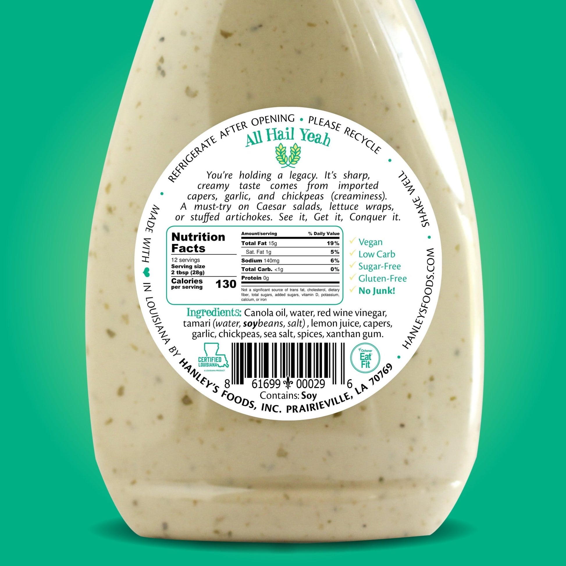 Creamy Caesar dressing by Hanley's Foods in a jar, perfect for salads and dressings.