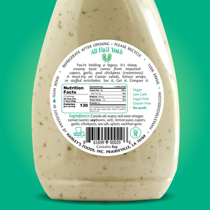 Creamy Caesar dressing by Hanley's Foods in a jar, perfect for salads and dressings.