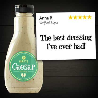 Creamy Hanley's Foods Caesar dressing in a bottle, ideal for salads and Italian dishes.