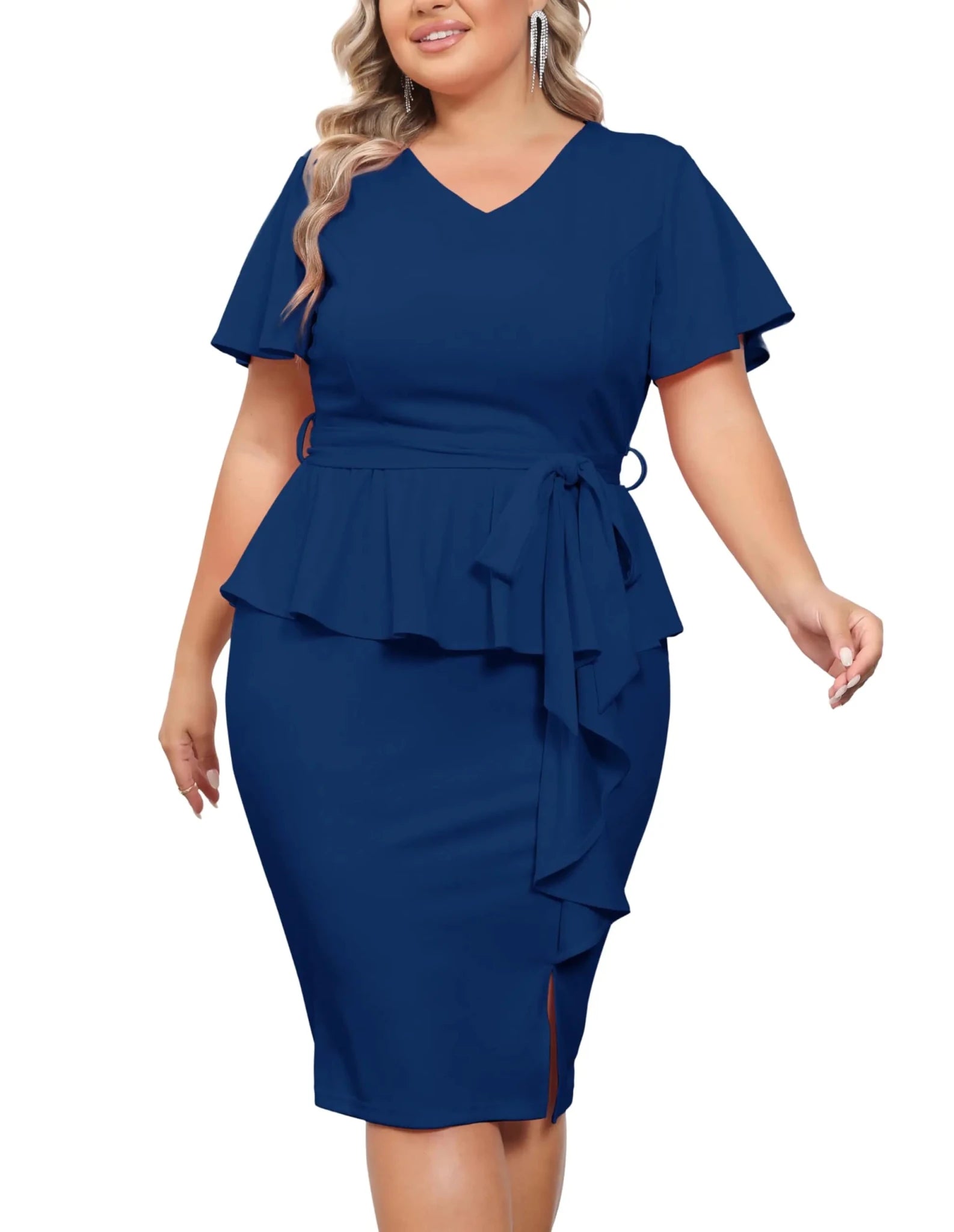 Hanna Nikole Women Plus Size Wrap Dress Peplum Sleeves Dress Formal Work Wrap Dress Cocktail Ruched Dress Navy Blue 20W - BACKUPMYFILESNOW