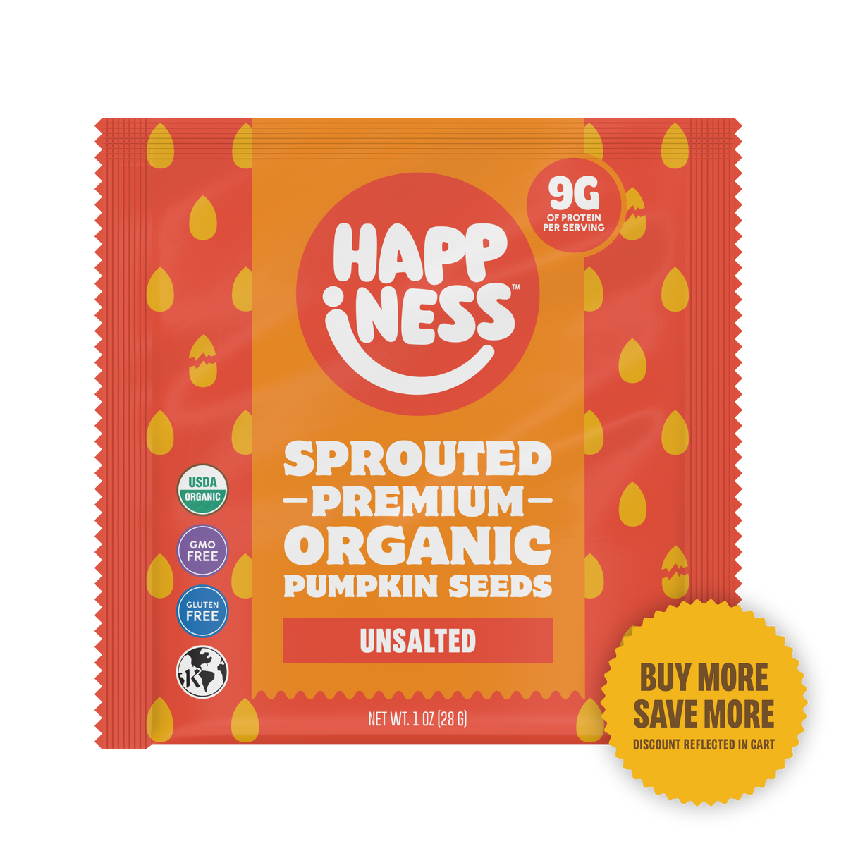 Unsalted sprouted pumpkin seeds from Happiness Minis by happinessfoods.com, shown in a small 1oz package with seeds spilling out.