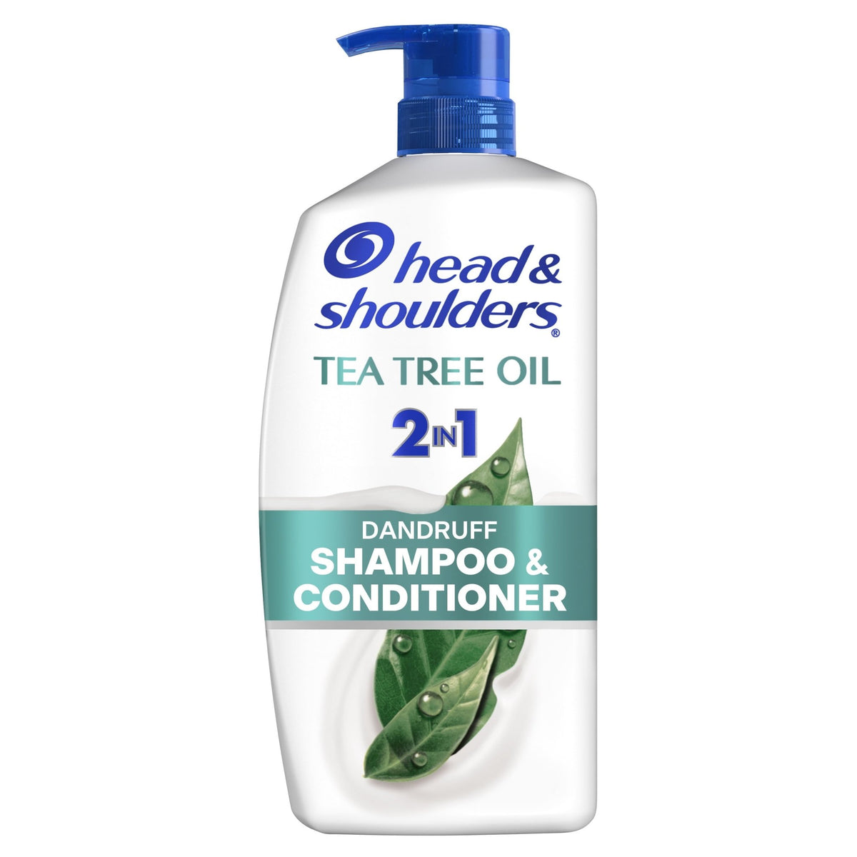 Head & Shoulders 2-in-1 Dandruff Shampoo and Conditioner with Tea Tree Oil in a 28.2 fl oz bottle, shown with product label.