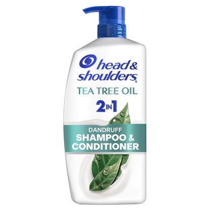 Head & Shoulders 2-in-1 Dandruff Shampoo and Conditioner with Tea Tree Oil in a 28.2 fl oz bottle, shown with product label.