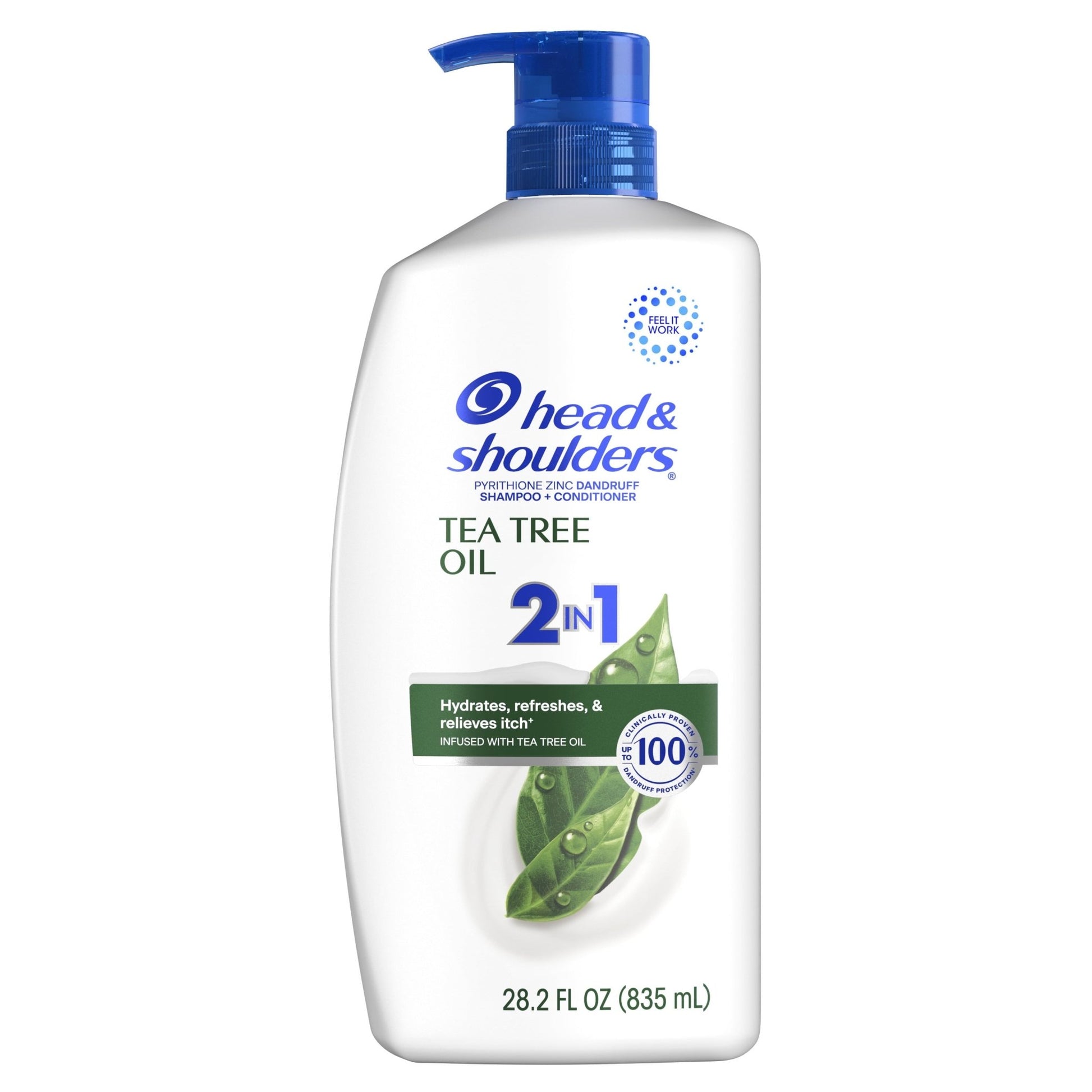Head & Shoulders 2-in-1 dandruff shampoo and conditioner with tea tree oil in a 28.2 fl oz bottle, shown in the image.