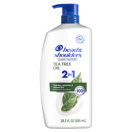 Head & Shoulders 2-in-1 dandruff shampoo and conditioner with tea tree oil in a 28.2 fl oz bottle, shown in the image.