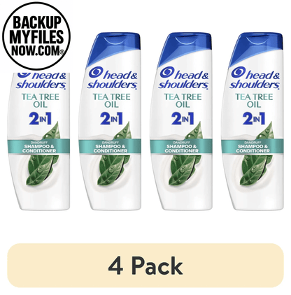 Head & Shoulders 2-in-1 dandruff shampoo and conditioner with tea tree oil in a 28.2 fl oz bottle, shown on a bathroom shelf.