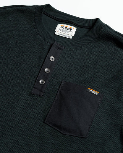 Black vintage Draper Henley long-sleeve shirt by Off The Grid Surplus, featuring a classic button-up collar and textured fabric.