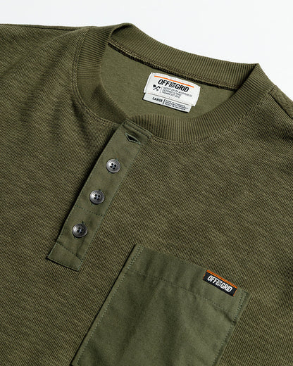 Dark olive Draper Henley long sleeve shirt by Off The Grid Surplus, shown in a close-up image highlighting the fabric and fit.