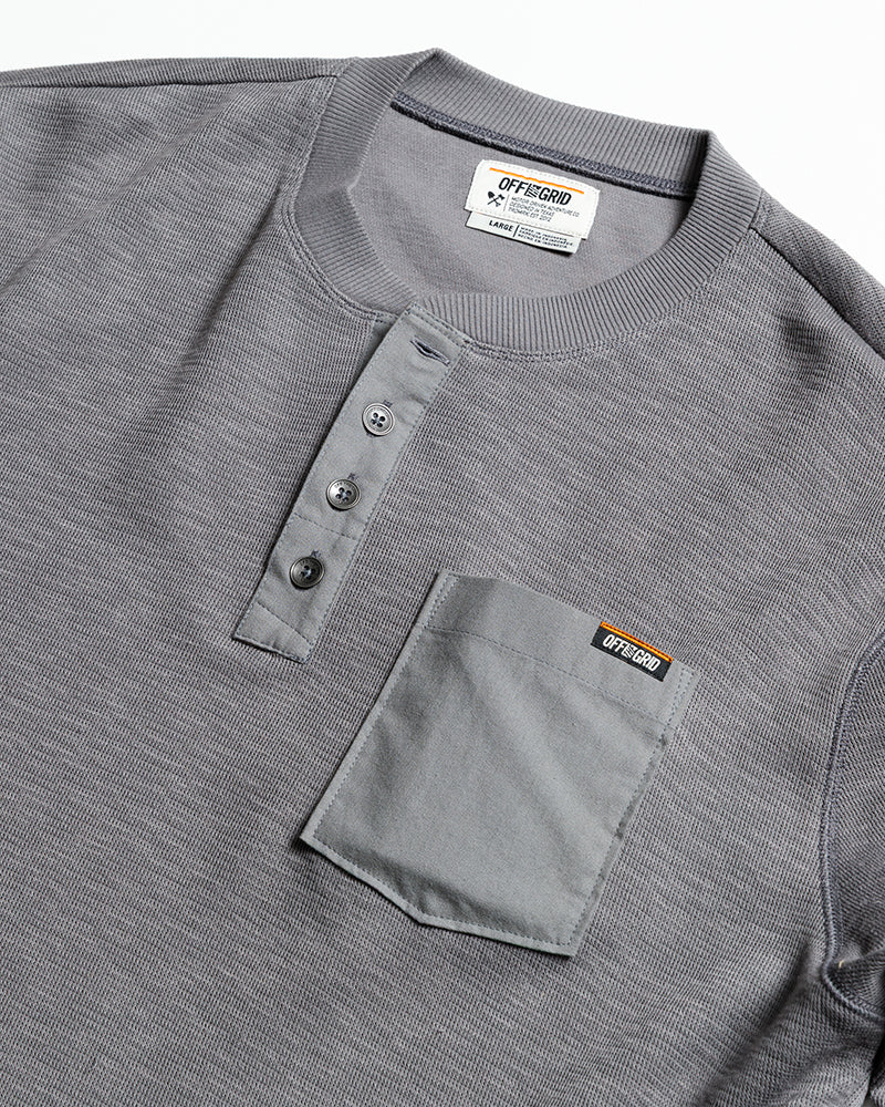 Grey Draper Henley long sleeve shirt by Off The Grid Surplus, featuring a casual fit and buttoned neckline.