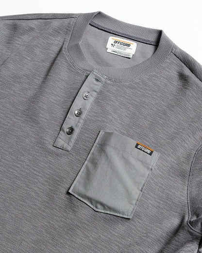Grey Draper Henley long sleeve shirt by Off The Grid Surplus, featuring a casual fit and buttoned neckline.