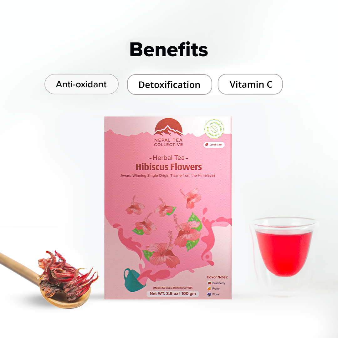 Organic Nepal Tea hibiscus blend in a clear jar showing vibrant dried hibiscus petals for brewing herbal tea.
