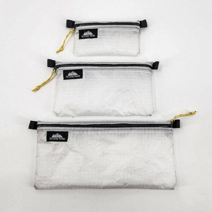 White ultralight zipper pouch organizer with classic patterns, ideal for travel and storage from Hilltop Packs LLC.