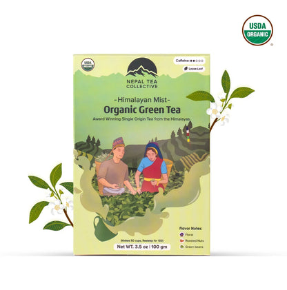 Organic Himalayan Mist tea by Nepal Tea, featuring a vibrant green Kanchanjangha Verde tea leaves close-up image.